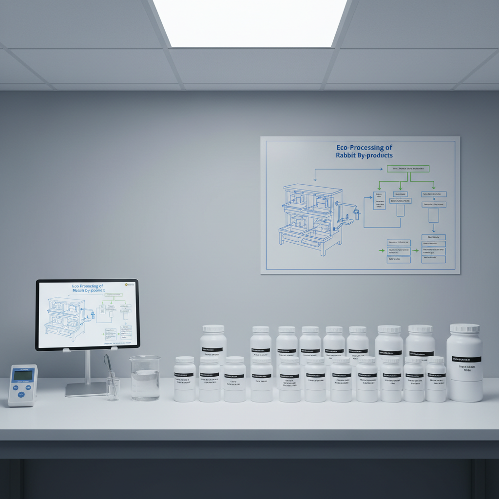 A highly organized laboratory-style bench dedicated to sustainable rabbit urine research, featuring neatly labeled opaque sample containers, a pH meter, and a clean glass beaker filled only with clear distilled water. A tablet stand displays schematic diagrams of rabbit housing and collection systems, with no graphic content. The bench surface is matte white, set against a light gray wall with a simple printed flowchart on eco-processing. Cool, diffused overhead lighting ensures an evenly lit, hygienic scene with soft shadows. Photographic realism, eye-level composition, and neutral color palette create a calm, corporate research atmosphere, emphasizing process, data, and sustainability rather than biological detail.