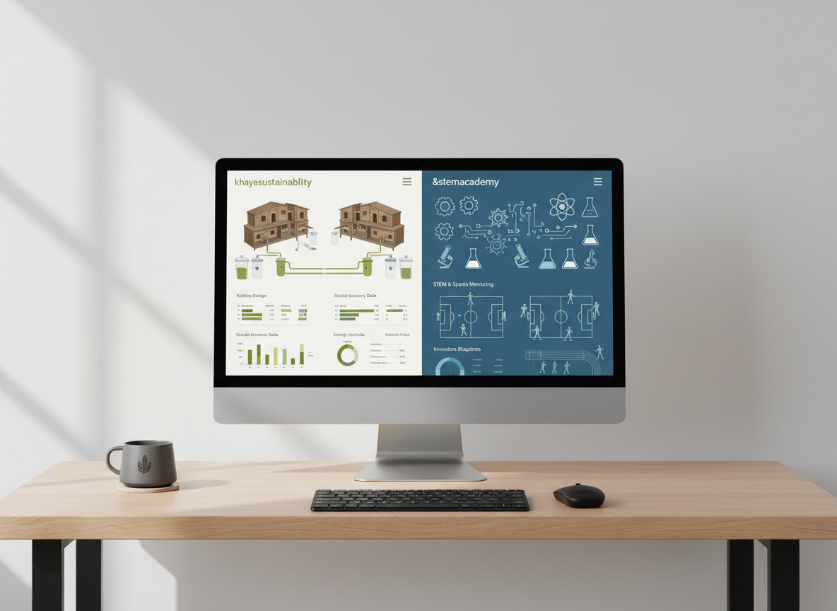 A clean, modern split-screen desktop interface displayed on a slim silver monitor, showing two distinct sections of a website. On the left, a structured dashboard with diagrams of rabbit hutches, urine collection systems, and data charts in muted greens and soft grays. On the right, a STEM and sports mentoring portal with schematic diagrams, lab equipment icons, and simplified athletic field layouts in cool blues. The monitor sits on a light oak desk with minimal accessories against a neutral gray wall. Soft, diffused daylight from an unseen window casts gentle shadows, creating a calm, professional mood. Photorealistic, eye-level composition with balanced symmetry and sharp focus, emphasizing a corporate, organized aesthetic for khayasustainability&stemacademy.