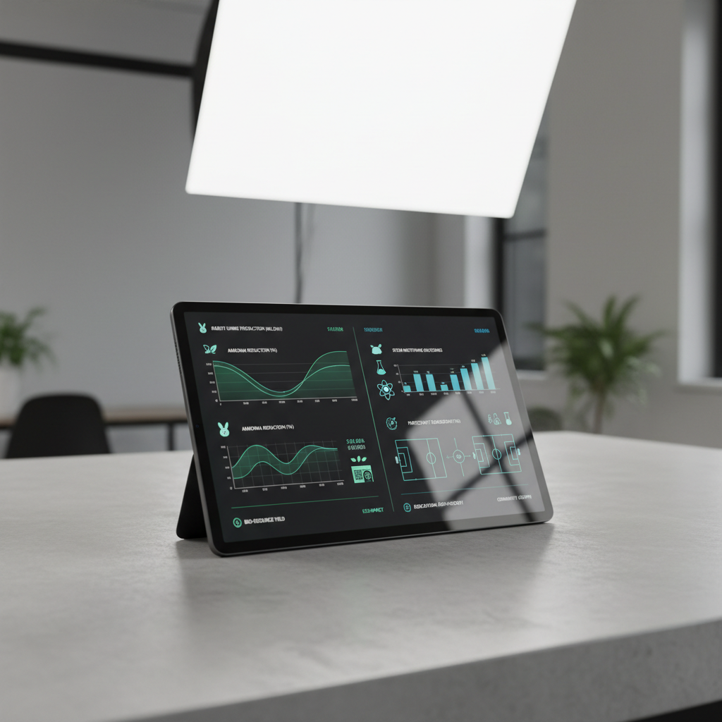 An abstract, data-driven dashboard displayed on a thin black tablet lying on a smooth, light concrete surface, showing side-by-side analytics for rabbit urine production and STEM mentoring outcomes. The left half of the screen has charts with green-toned line graphs, simple rabbit hutch icons, and sustainability metrics. The right half displays blue-toned bar graphs, schematic sports field diagrams, and simplified science symbols. A subtle reflection on the tablet glass adds realism. Overhead softbox-style lighting provides even, neutral illumination, creating a quiet, analytical mood. Centered composition with slight angle to reveal depth, crisp focus and minimalist surroundings reinforce a corporate, research-driven aesthetic that ties together bio-resource management and educational mentoring.