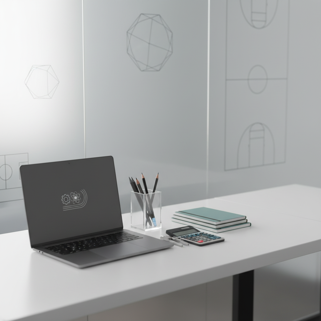 A sleek, minimalist STEM mentoring workspace featuring a long white desk with neatly arranged objects: a closed graphite-gray laptop showing a subtle STEM-themed logo on its lid, a clear acrylic pen holder with technical pencils, a small stack of squared engineering notebooks, and a precise metal caliper resting beside a scientific calculator. In the background, a frosted glass wall shows blurred outlines of geometric diagrams and basic sports field markings. Neutral tones dominate, accented by muted teal and steel blue. Soft, indirect daylight from the side creates a calm, focused ambiance with gentle shadows. Shot from a slightly elevated angle with shallow depth of field, achieving a clean, corporate, photographic realism that conveys structured, methodical STEM and sports mentoring.