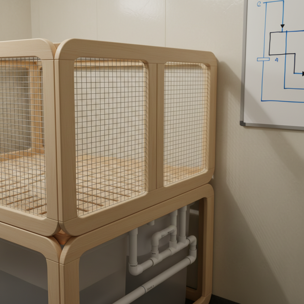 A close-up, photorealistic view of a modular rabbit hutch corner made from smooth, pale wood and galvanized metal mesh, with a discreet, opaque collection system beneath the floor. The visible rabbit area is empty, focusing solely on infrastructure: slatted flooring, gently curved edges, and clearly labeled valves leading to a concealed container. The hutch stands in a pristine, light beige room with a washable wall surface and a neatly mounted whiteboard displaying abstracted flow diagrams. Soft studio lighting from the upper left creates subtle highlights on metal edges and gentle shadows under the structure. The mood is highly professional and instructional, framed using the rule of thirds to emphasize engineering and welfare-focused design in rabbit urine systems.